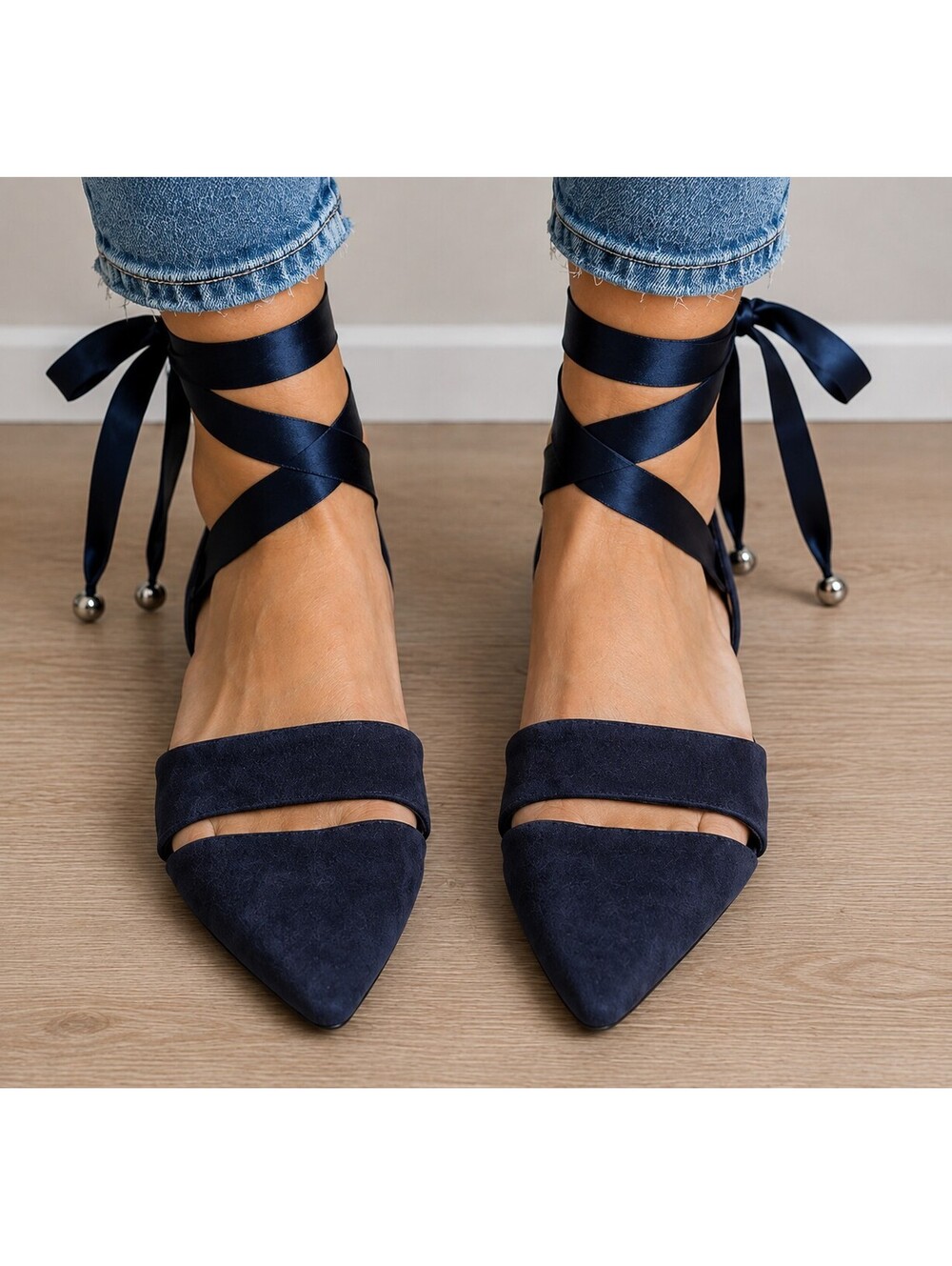 Big 8 Navy Suede Pointed Toe Flats – Ankle Wrap Ties – Made in Italy